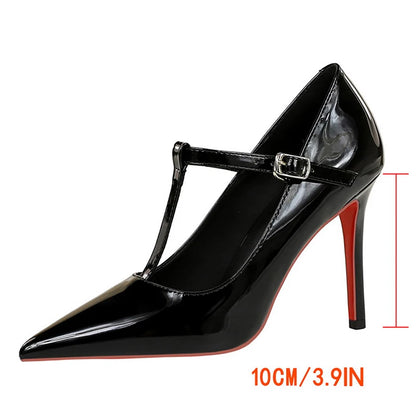 Luxury Women Pumps High Heels Women 10 cm Stilettos Heels T-band Ladies Pumps Patent Leather Women Heels Luxury Banquet Shoes