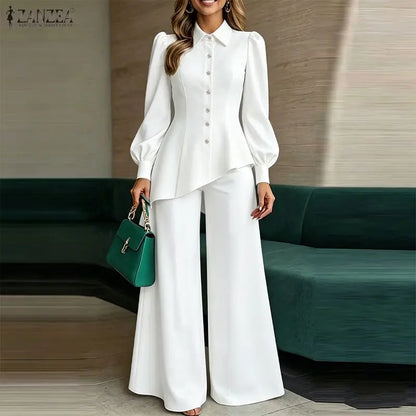 ZANZEA Women Two Piece Pants Suit Long Lantern Sleeve Asymmetrical Blouse Wide Leg Trousers Office Outfits Solid Matching Sets