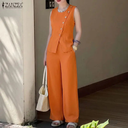 ZANZEA Fashion O Neck Sleeveles Tanks Tops Pants Sets Summer Women Matching Sets Irregular Buttons Up Blouse Trousers OL Outfits