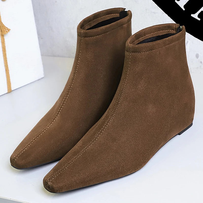 BIGTREE Shoes Women's Boots Rear Zipper Women's Ankle Boots Suede Square Head Wedges Boots Fashion Short Boots Botas Mujer