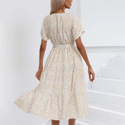Women's Retro Floral Lace-up Short Sleeves Dresses 2025 Summer New Casual Vacation Ladies Lace V-neck Slit A-line Midi Dress