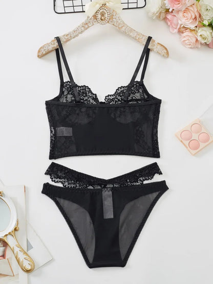 2Pcs Black Lace Bra Set French Style Women Bra Panties Breathable Mesh Underwear Elegant Ladies Ultra Thin Underwear Panties Set