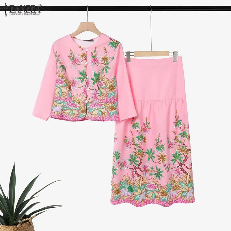 ZANZEA Women Elegant Floral Print 2 Piece Skirt Sets 3/4 Sleeve Short Top & A-Line Maxi Skirts Suits Autumn Matching Sets Outfit