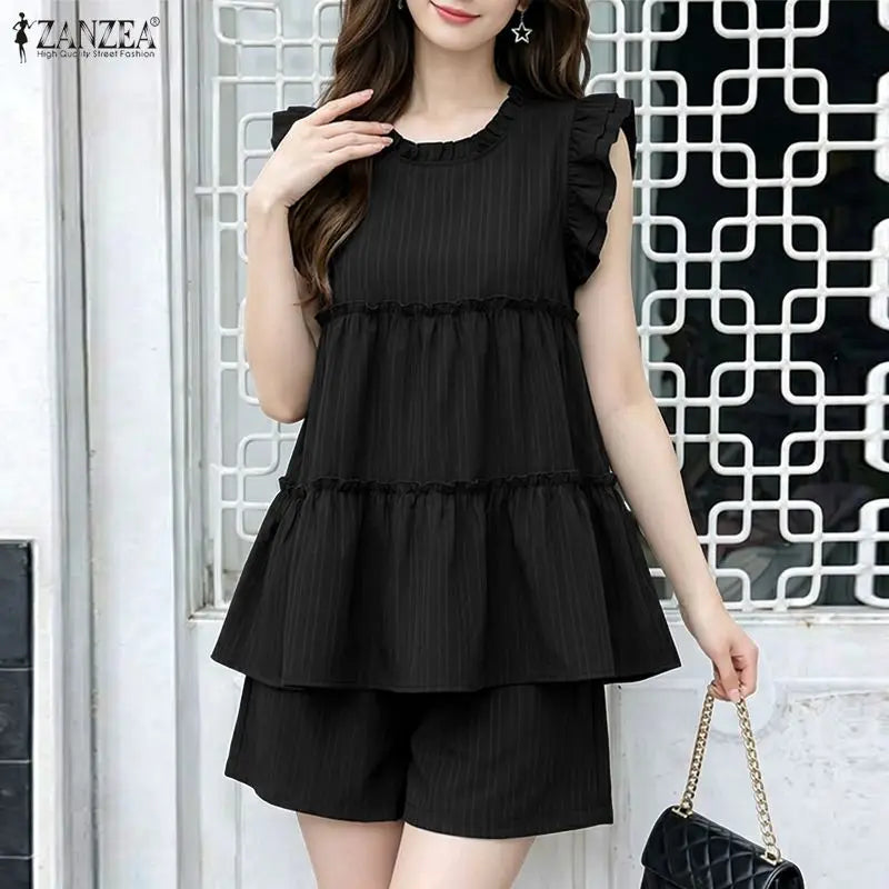 ZANZEA Summer Elegant Short Sleeve Ruffled Blouse Shorts Suit Stylish Women 2 Pieces Sets Holiday Outfit Tracksuit Matching Sets