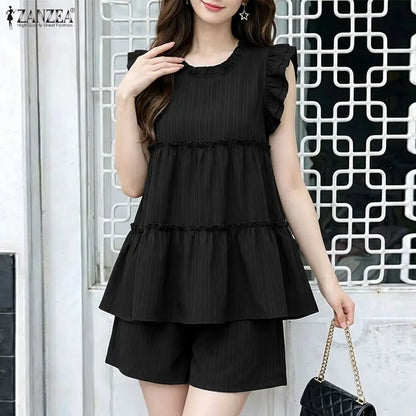 ZANZEA Summer Elegant Short Sleeve Ruffled Blouse Shorts Suit Stylish Women 2 Pieces Sets Holiday Outfit Tracksuit Matching Sets