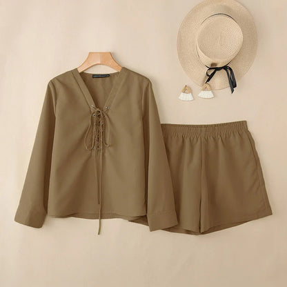 ZANZEA Fashion Women Outfits Holiday 2 Pieces Sets Casual V Neck Long Sleeve Lace-Up Tops Short Sets Solid Color Loose Tracksuit