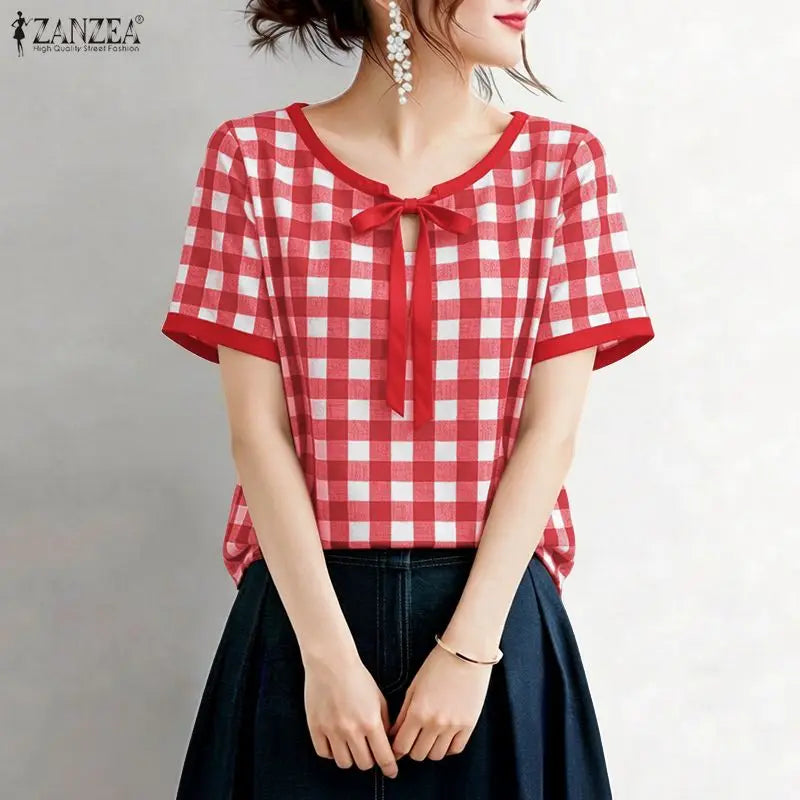 ZANZEA Women Summer Blouses Short Sleeve Blusas Elegant Office Work Tee Casual Plaid Tops O Neck Streetwear Oversize Tunic