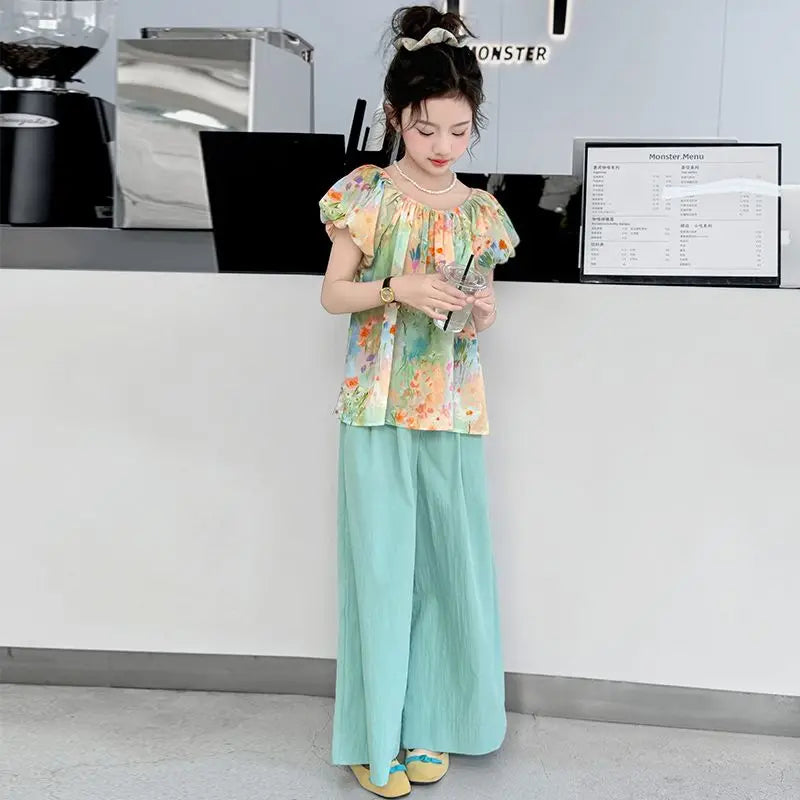 Child House Clothing Junior Top and Bottom Set Girls' Summer Clothes Children Teenage Girl Outfit 10 12 Years Old T-shirts Kids