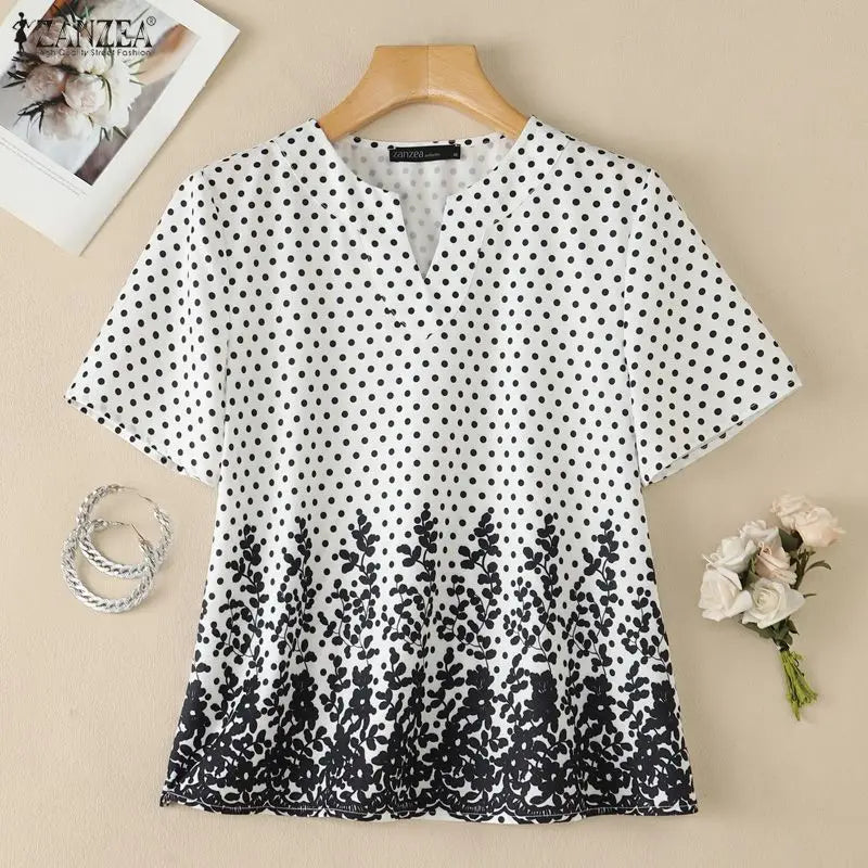 ZANZEA Women Blouse Short Sleeve Top Loose Elegant Office Casual V-Neck Polka Dot Summer Blusas Streetwear Tunic Tee