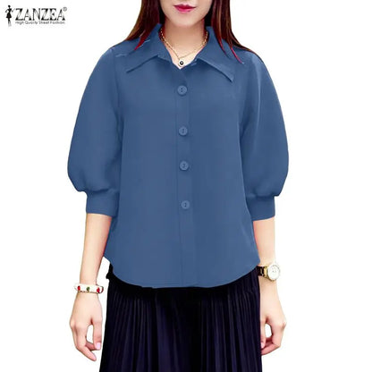 ZANZEA Woman Summer 3/4 Lantern Sleeves Shirts Turn-Down Collar Button Up Tops Casual Daily Wear Solid Color Chemises Femme
