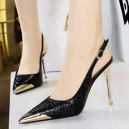 Women 9.5 cm Heels Metal Pointed Tip Women Pumps Hollow Out Hook Strap High Heeled Sandals Women Summer Shoes Sexy Party Shoes