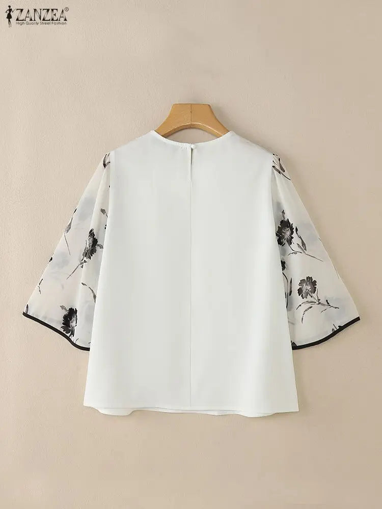 ZANZEA Elegant Women's Blouses Fashion O-Neck Floral Chiffon Sleeve Patchwork Loose Tops 2026 Spring Summer Woman Clothes S-3XL