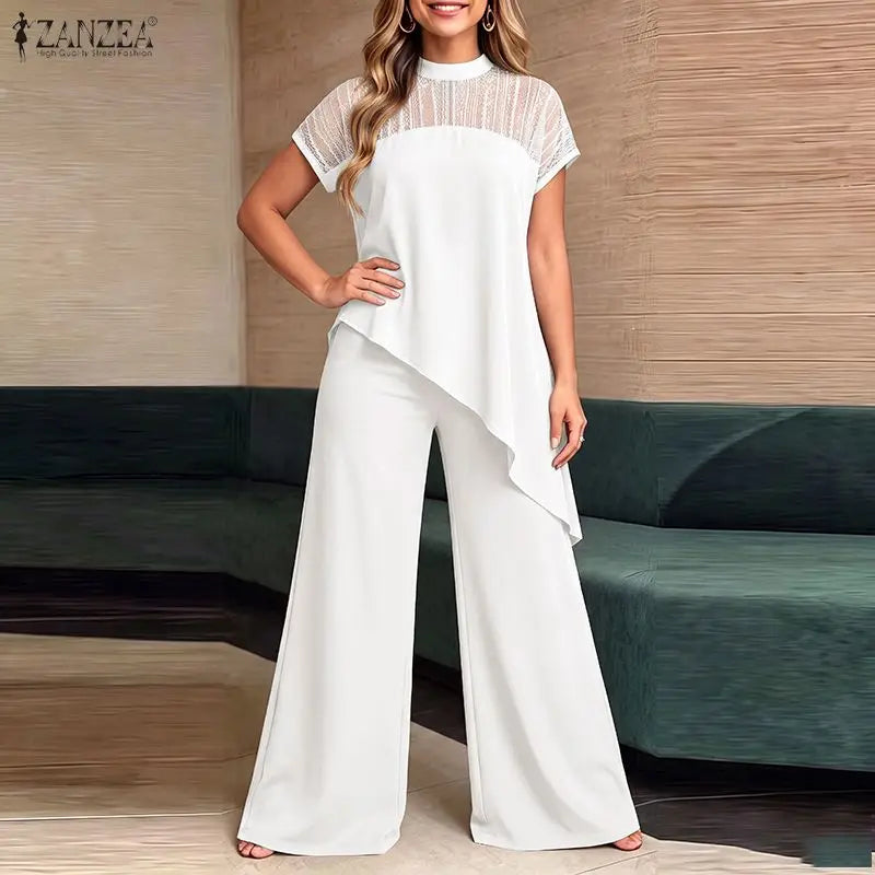 ZANZEA Women Elegant 2-Piece Pant Sets Lace Patchwork Asymmetrical Hem Blouse & Wide Leg Pant Matching Sets Loose Chic Co-ords
