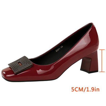 BIGTREE Shoes Metal Buckle Women Pumps Square Head Mid Heel Women Shoes Patent Leather Luxury Banquet Shoes Kitten Heels Lady