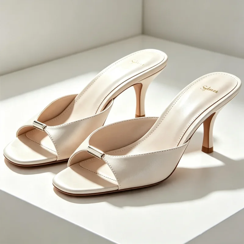 Sexy Open Toe Mules Sandals Women Fashion Metallic Detail Stiletto Women Slippers Summer Elegant Women Shoes Sandalias De Mujer