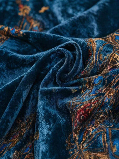 New women's velvet wide-leg pants - high-waisted, thick, soft and elastic, providing good warmth. Blue-green retro oriental geometric print, Bohemian style pocket design. Luxurious pants, suitable for festival parties, office