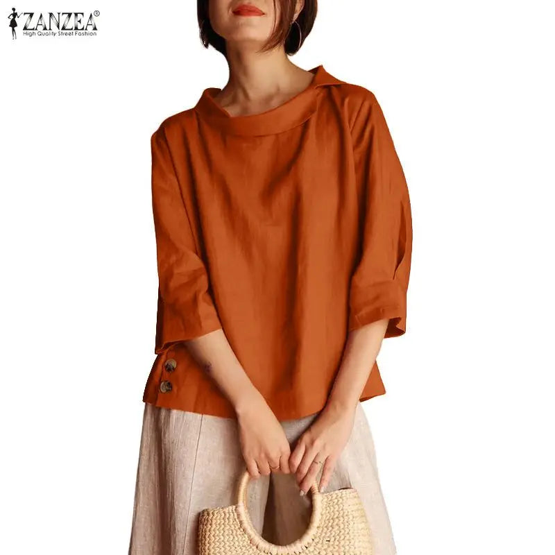 ZANZEA Woman Summer Blouses Irregular Turn-Down Collar 3/4 Sleeve Solid Color Tops Spring Summer Loose Casual Blusas de Mujer