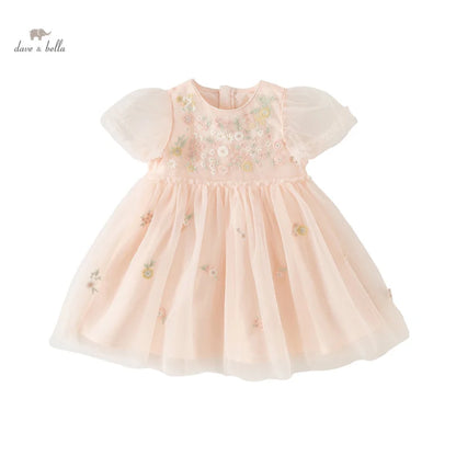 Dave Bella Children's Princess Dress for Girls 2025 New Summer Floral Puff Sleeves Mesh Charm Noble Cute Sweet Party DB2240549