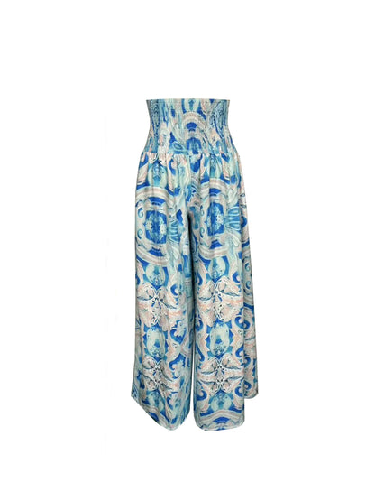 Women's High Waist Printed Wide-Leg Pants Ruched Design - Beach Vacation Casual & Commute Fashion Slim Fit Outfits