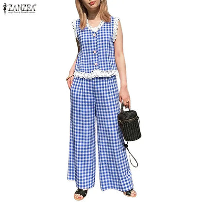 ZANZEA Women's Vintage Casual Pant Sets Wide-Leg Pant & Lace Trim Vests Tops Gingham 2 Pieces Sets Summer Pant Suits Outfits