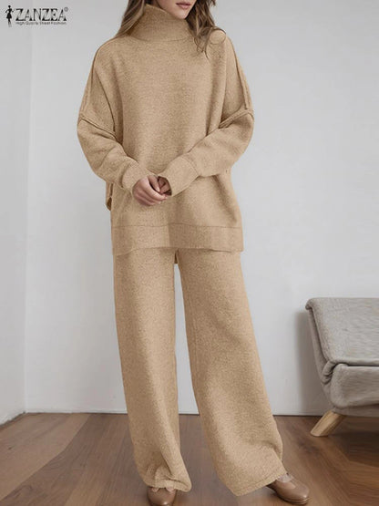 ZANZEA Women's Knitted 2 Pieces Pant Sets Casual Loose Turtleneck Long Sleeve Pullovers and Wide Leg Pant Suits Daily Outfits
