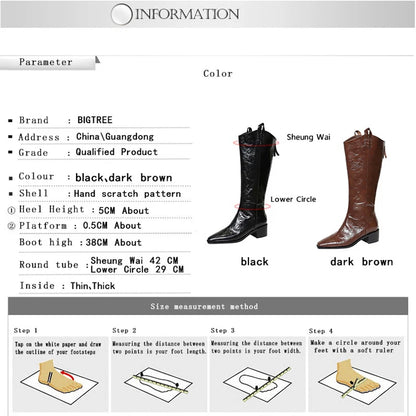 BIGTREE Spring Autumn Pointed Toe Knee-High Boots Women Designer Vintage Square Low Heels Shoes Modern Long Botas Para Mujer