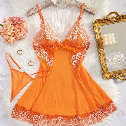 2 Piece Transparent Set Lace Bra Slim Nightgown Set With Thong Erotic Lingerie Pajamas Plus Size Porno Night Dress Sexy Babydoll