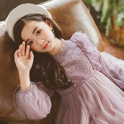 Spring Autumn Kids Girls Dresses Lantern Sleeve Lace Princess Dress Pearl Sweet O-neck Mesh Party Children's Clothing Vestidos