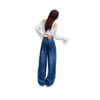 Spring Plus Size Women's Clothing High Waist Loose Fit Casual Wear Wide Leg Jeans Denim Straight Cut Full Length Pants