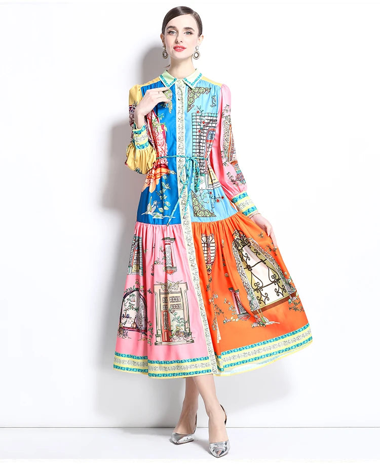ZAROY French Court Style Long Sleeve Dress Luxury Vintage Lapel Midi Dress Women Elegant Button-up Belted Party Dress Vestidos