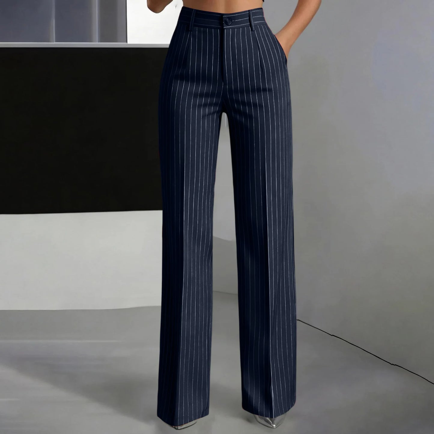 Women Striped Vintage Elastic Back Waist Suit Pants Draped Wide Leg Slacks Business Commute Casual Work Office Ladies Trousers