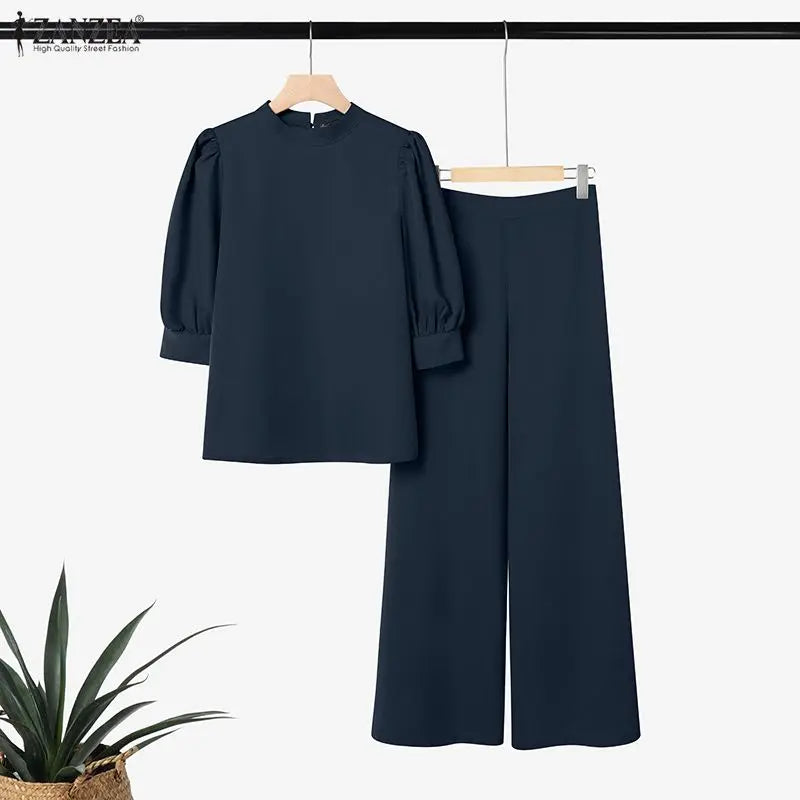 2026 Fashion Summer Pant Sets ZANZEA Stand Neck Short Sleeve Blouse Wide Leg Trousers Suit Women OL Work Outfits 2 Pieces Sets