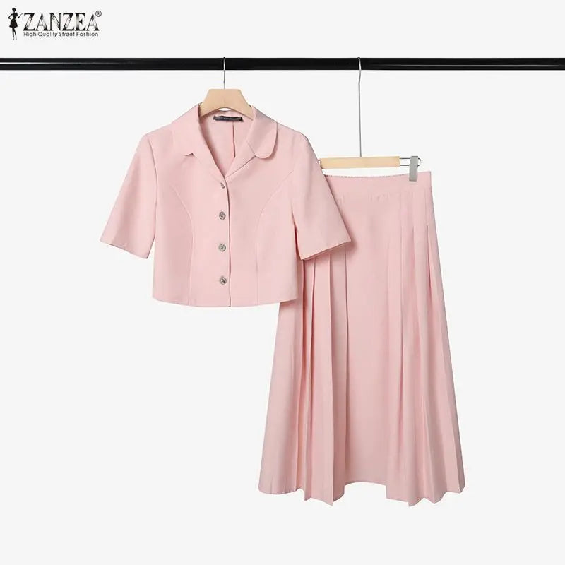 Elegant Women OL Work Dress Sets 2026 ZANZEA Summer Outfits Lapel Short Sleeve Cropped Blouse Pleated Skirt Suit 2 Pieces Sets