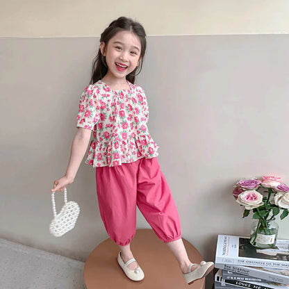 1pcs Summer Girl Floral Print Suits Short Sleeve tops+Pants Set Kids Baby Sweet Fashion Sets Children Square Neck T-shirt + Pant