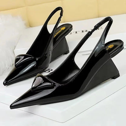BIGTREE Shoes 2026 New Wedges Heels Women Patent Leather Woman Pumps Hollow Back Strap Women Sandals Elegant High Heels 6.5 Cm