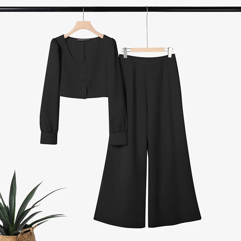 ZANZEA Fashion Autumn Outfits Street Women 2 Pieces Sets Square Neck Long Sleeve Crop Top & Wide Leg Pant Suit Work Matching Set