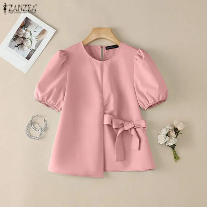 ZANZEA Women Elegant Chic Tied Waist Blouses O-Neck Short Puff Sleeve Solid Color Tops Summer Fashion Blusas de Mujer Streetwear