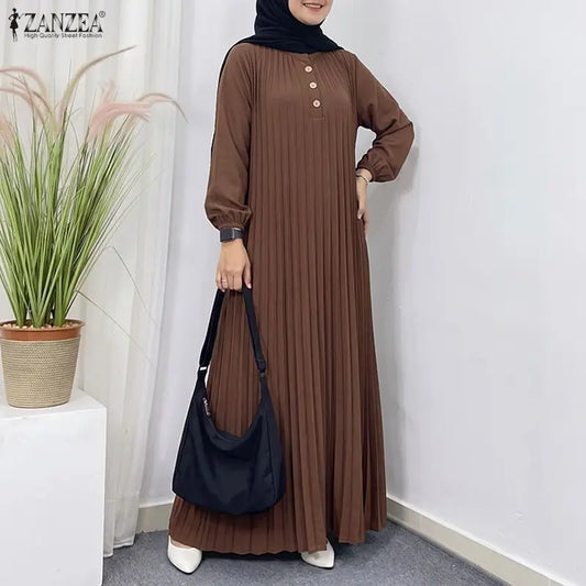 Fashion Muslim Abaya Dress ZANZEA Elegant Women Stand Neck Long Sleeve Pleated Sundress IsIamic Dubai Robe Casual Kaftan Ramadan