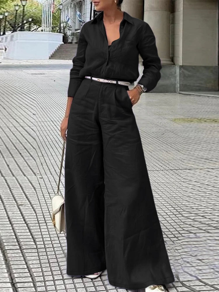 ZANZEA Street Fashion 2 Pieces Pant Sets Women 2025 Autumn Long Sleeve Shirt and Wide Leg Pants Suits Solid Color Commuting Wear