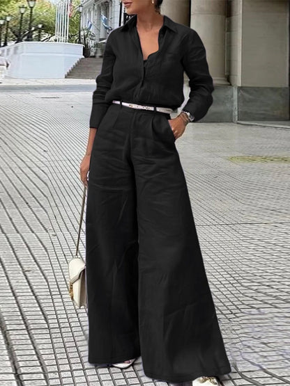 ZANZEA Street Fashion 2 Pieces Pant Sets Women 2025 Autumn Long Sleeve Shirt and Wide Leg Pants Suits Solid Color Commuting Wear