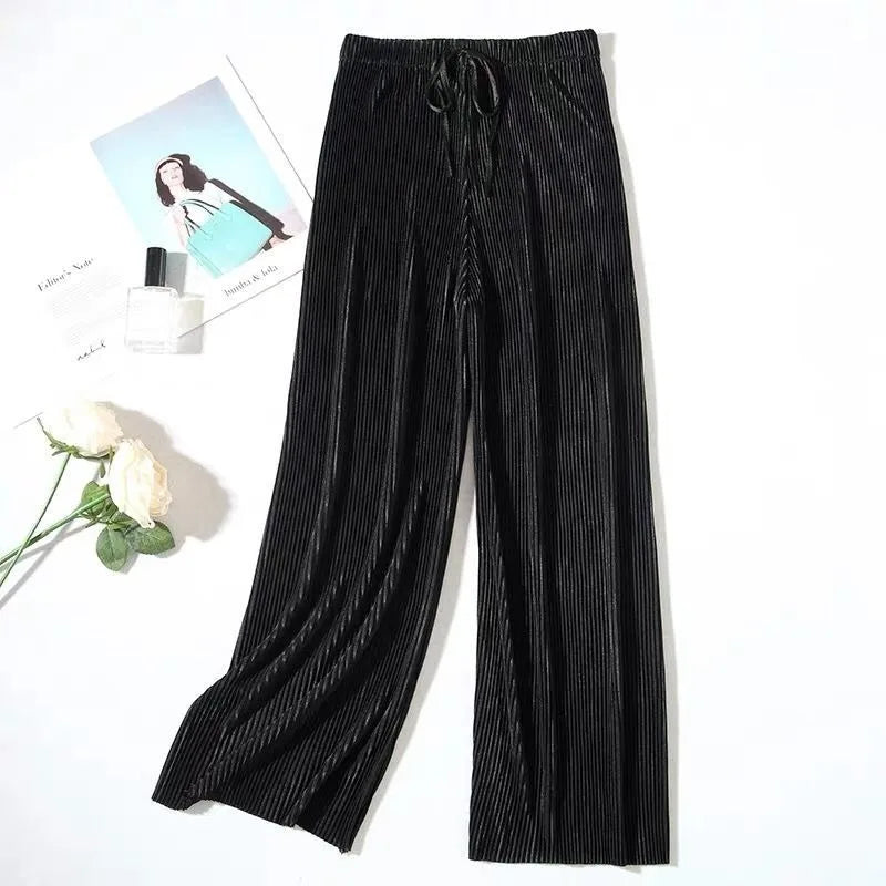 2026 Spring and Summer Loose Chiffon Ice Silk Women's Pants, Pleated Slim Wide-Leg Trousers
