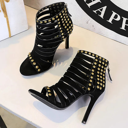 Retro Roman Sandals Women Shoes Rivet Design Heeled Sandals Rear Zipper Sexy High Heels Stiletto 11 cm Hollow Out Summer Shoes