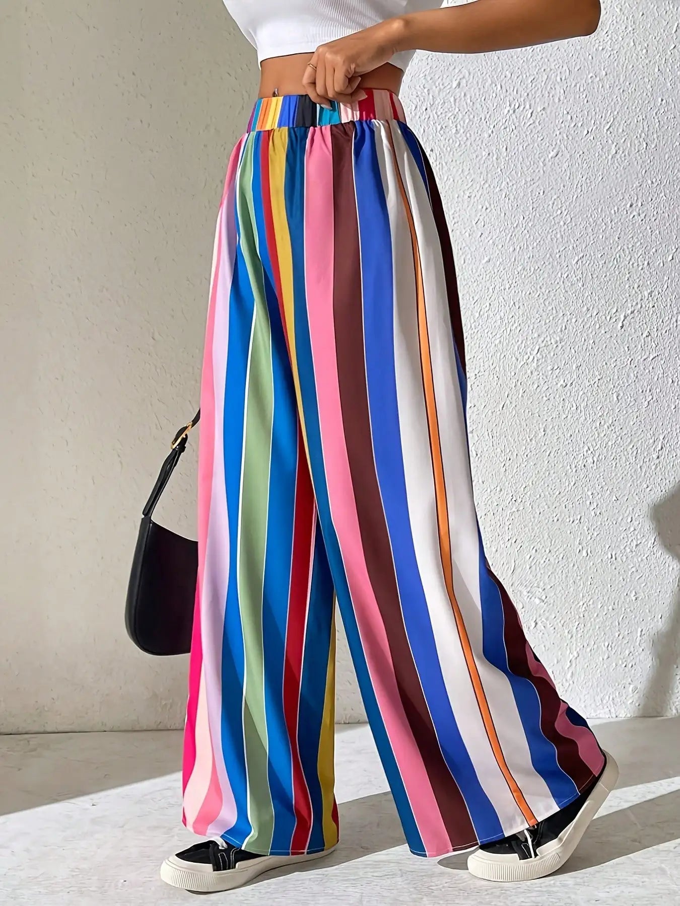 Popular Casual Women's Wear, Plus Size Elastic Waist Color Striped Pants, Loose and Comfortable Wide-Leg Pants, Long Style