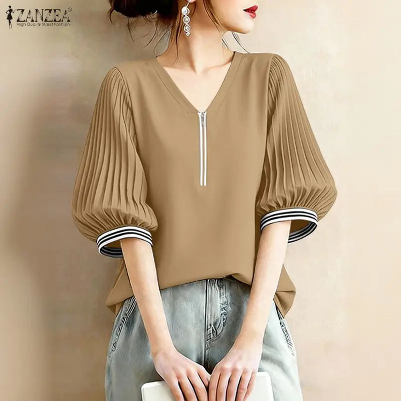 ZANZEA Women Contrast-Trum Blouse Korean Fashion V-Neck Half Zipper Pleatd 3/4 Lantern Sleeve Tops Summer Casual Blusa de Mujer