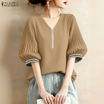 ZANZEA Women Contrast-Trum Blouse Korean Fashion V-Neck Half Zipper Pleatd 3/4 Lantern Sleeve Tops Summer Casual Blusa de Mujer