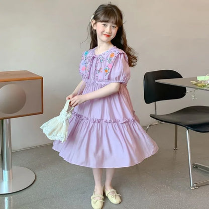 Princess Dress with Puff Sleeves Children Kids Dresses for Girls Summer Suit Girl Fashion Clothes 8 10 Years 12 14 Old Pink Sets