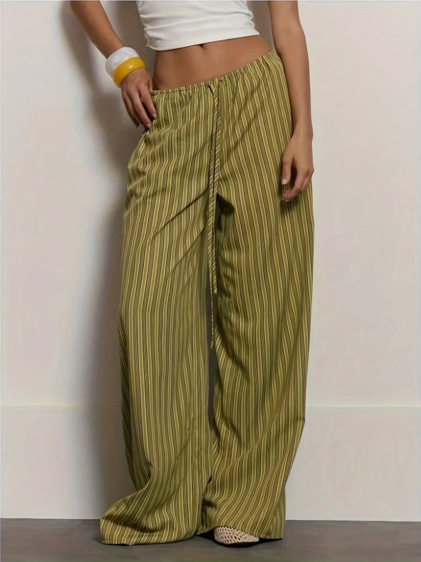 Women's Green Striped Wide-Leg Pants, New Summer Arrival, Drawstring Elastic Waist, Draping Casual Trousers, Lazy Style Floor-Le