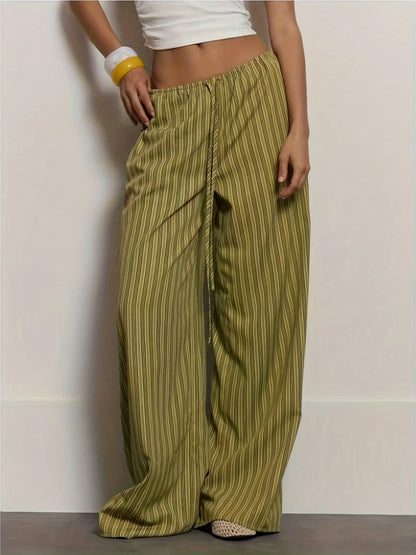 Women's Green Striped Wide-Leg Pants, New Summer Arrival, Drawstring Elastic Waist, Draping Casual Trousers, Lazy Style Floor-Le