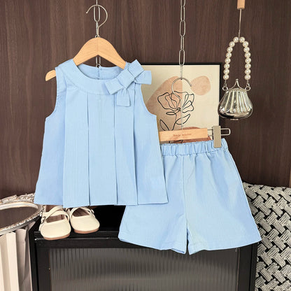 Korean Version Summer New Girls' Casual Suit Solid Color Round Neck Bow Pleated Vest Top+shorts Two-piece Set for Daily Wear