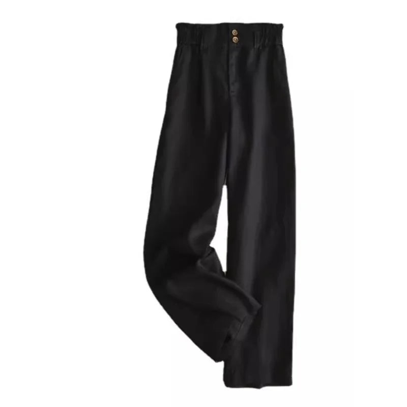 Grey Linen Wide Leg Pants Women's High Waist Drapey Loose Casual Cotton Linen Pants Flower Bud Waist Flax Straight Long Pants